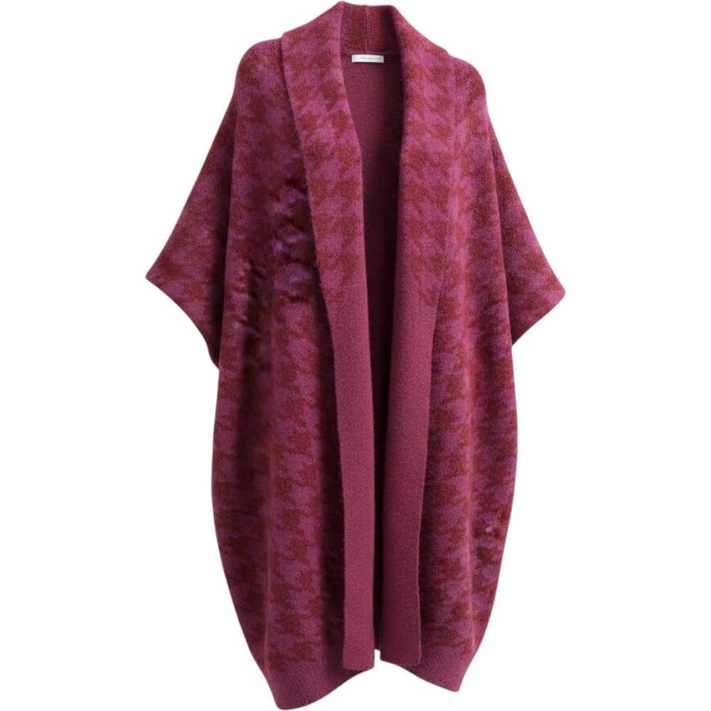 Pink Houndstooth Sweater Duster Coatigan, Ribbed Sleeve Large Lapel Size 22/24